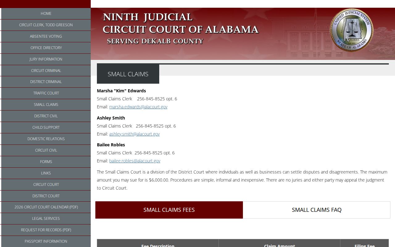 DeKalb County Circuit Clerk small claims page and filing fees