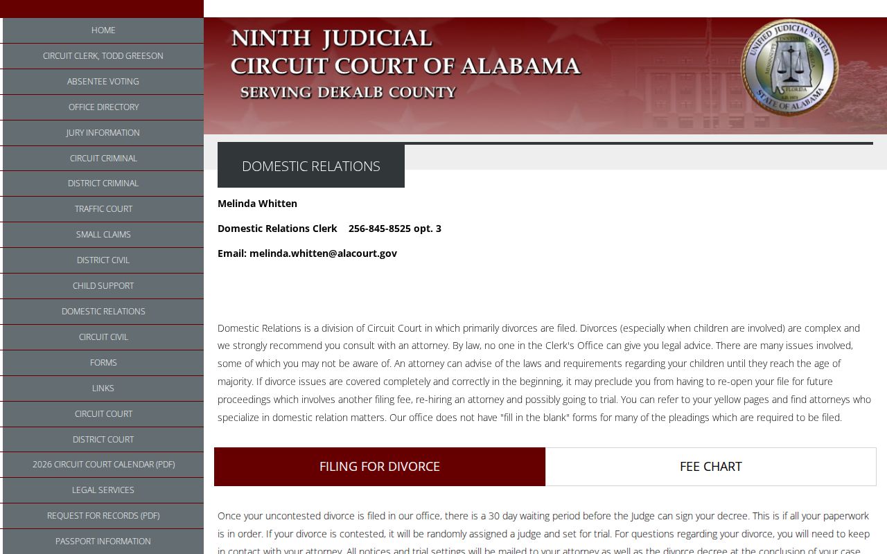 DeKalb County Circuit Clerk domestic relations divorce filing page